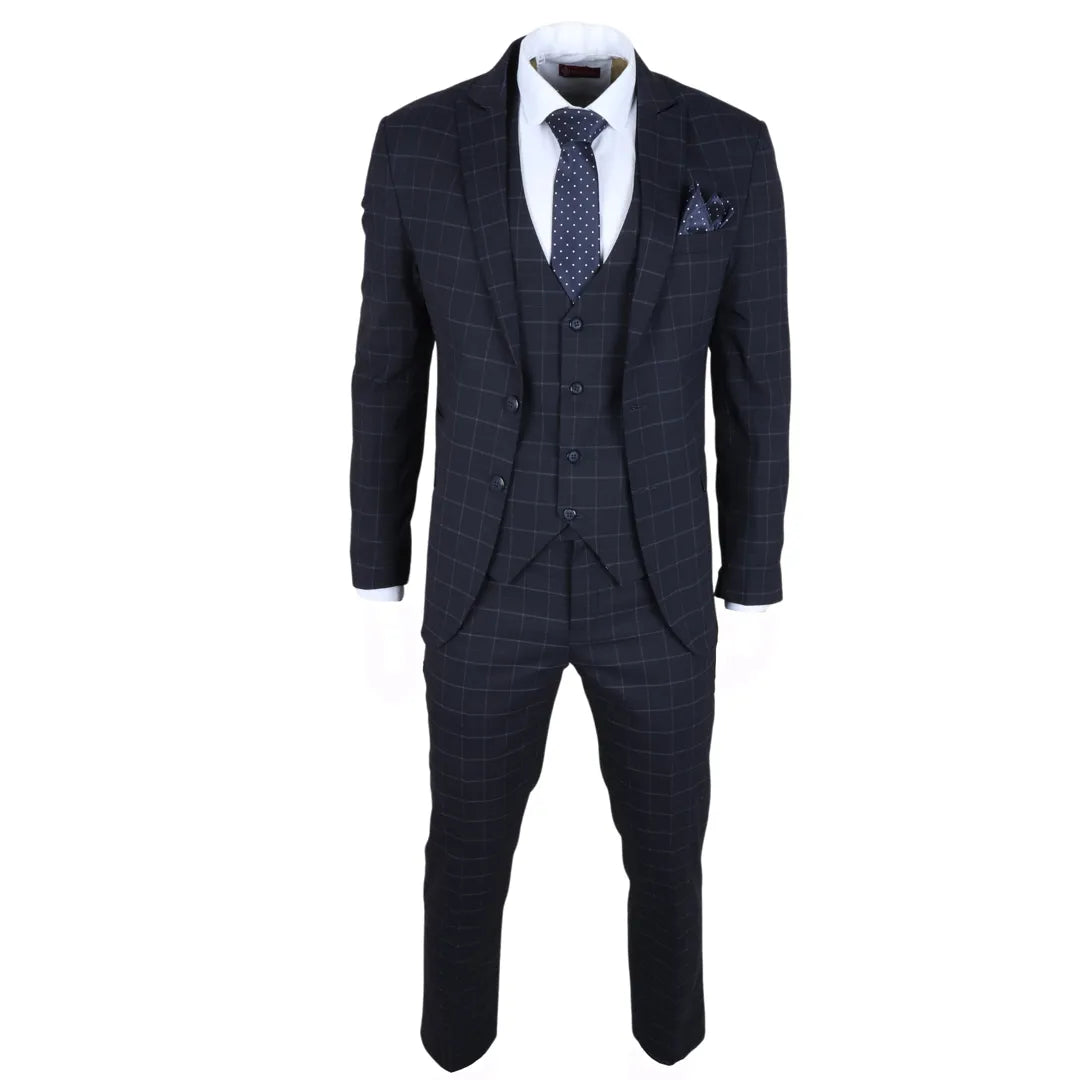 IM3 Men's Navy Checked Tailored Fit 3-Piece Suit