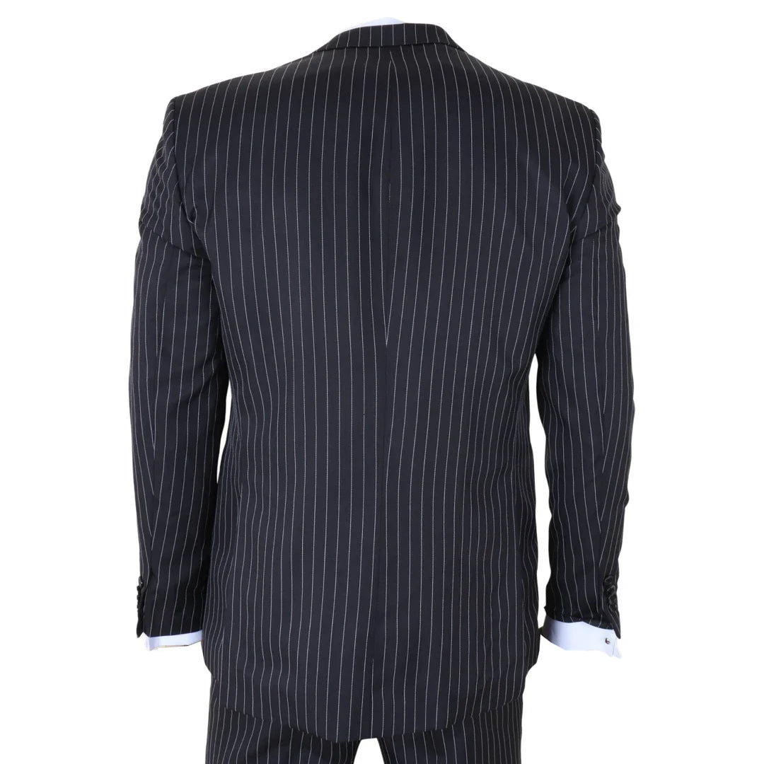 IM45 - Costum bărbătesc negru, cu dungi subțiri, 3 piese, stil Mafia