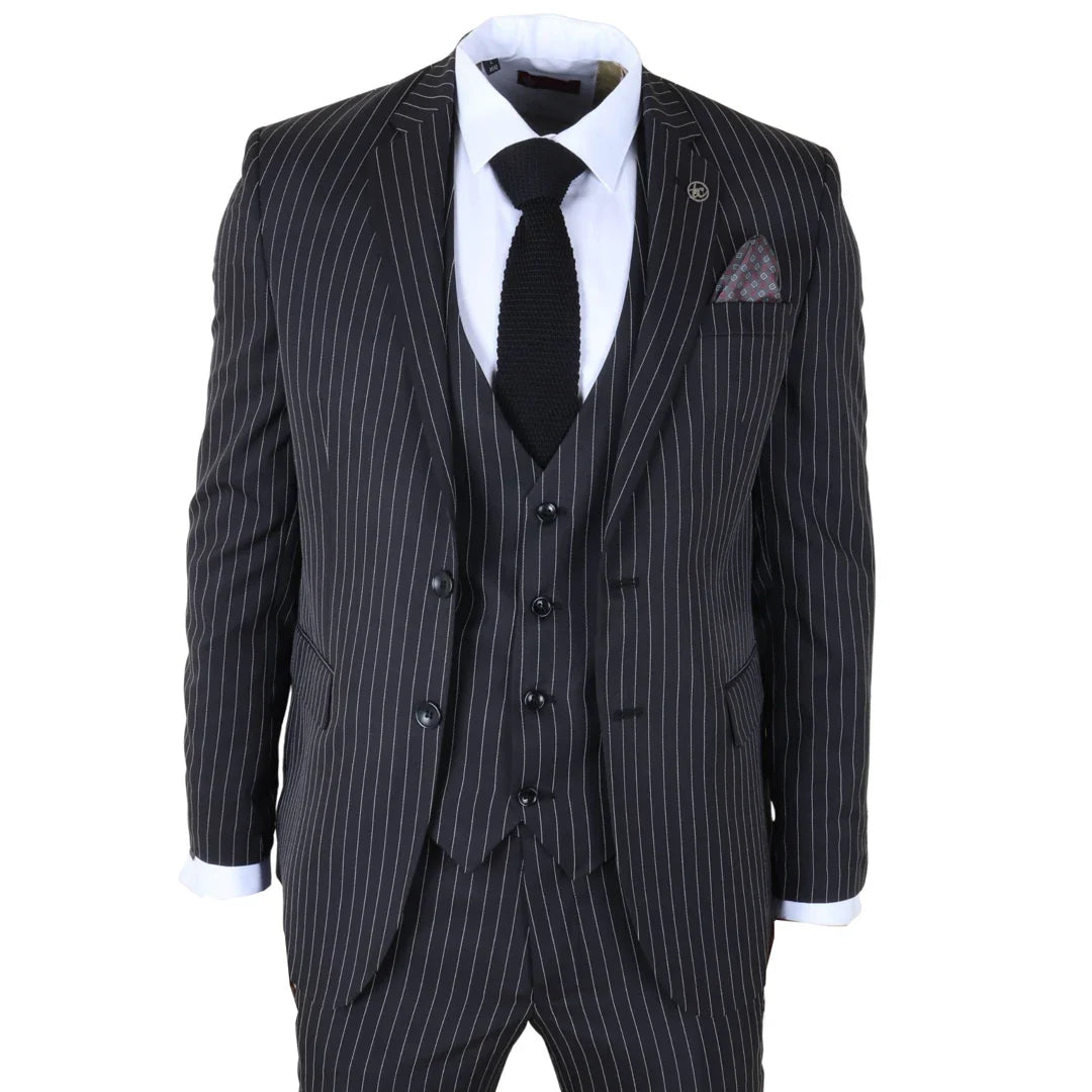 IM45 - Costum bărbătesc negru, cu dungi subțiri, 3 piese, stil Mafia