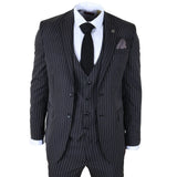IM45 - Costum bărbătesc negru, cu dungi subțiri, 3 piese, stil Mafia