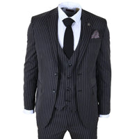 IM45 - Costum bărbătesc negru, cu dungi subțiri, 3 piese, stil Mafia