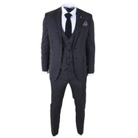 IM45 - Costum bărbătesc negru, cu dungi subțiri, 3 piese, stil Mafia