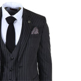 IM45 - Costum bărbătesc negru, cu dungi subțiri, 3 piese, stil Mafia