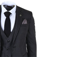 IM45 - Costum bărbătesc negru, cu dungi subțiri, 3 piese, stil Mafia