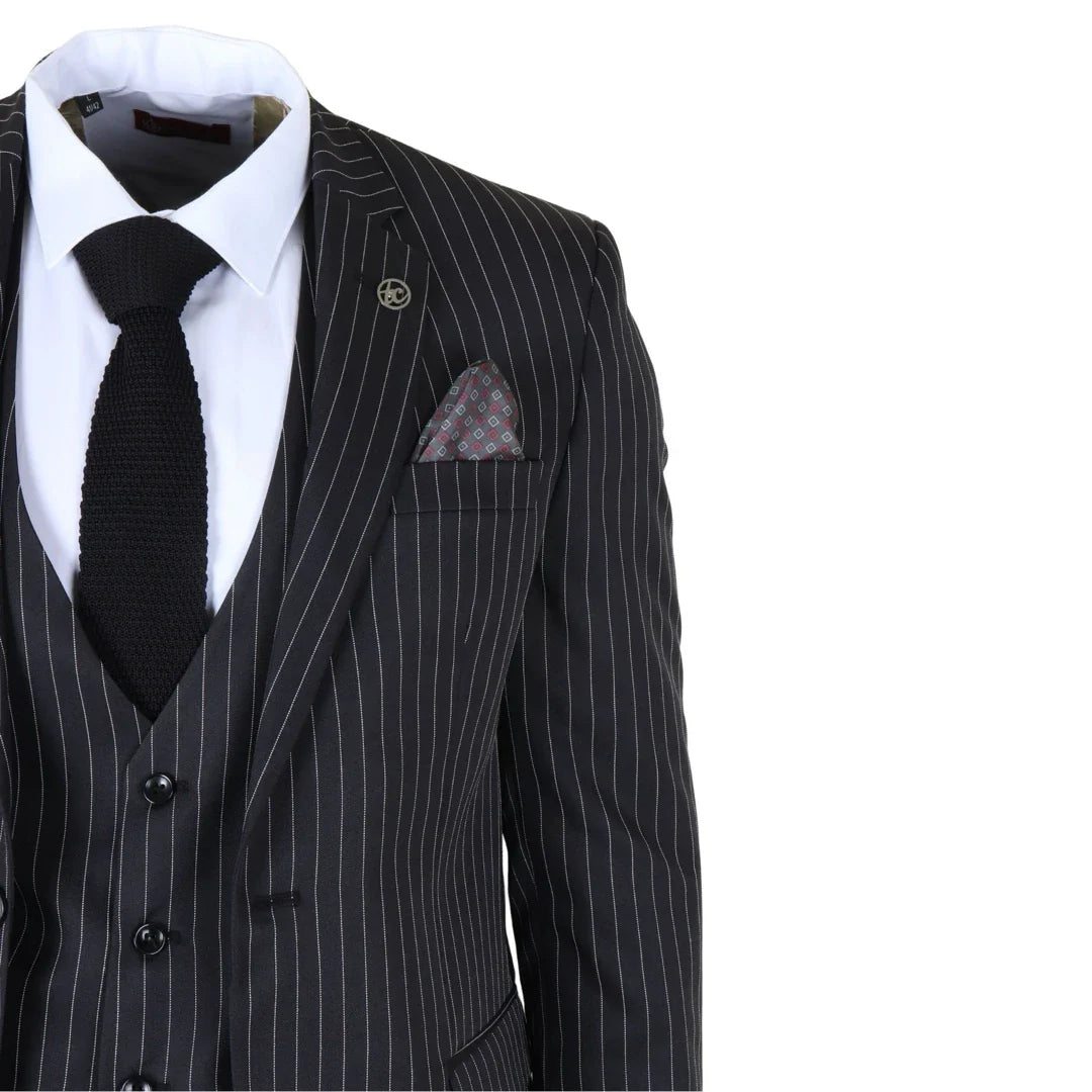 IM45 - Costum bărbătesc negru, cu dungi subțiri, 3 piese, stil Mafia