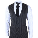IM45 - Costum bărbătesc negru, cu dungi subțiri, 3 piese, stil Mafia