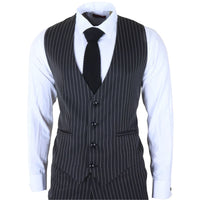 IM45 - Costum bărbătesc negru, cu dungi subțiri, 3 piese, stil Mafia