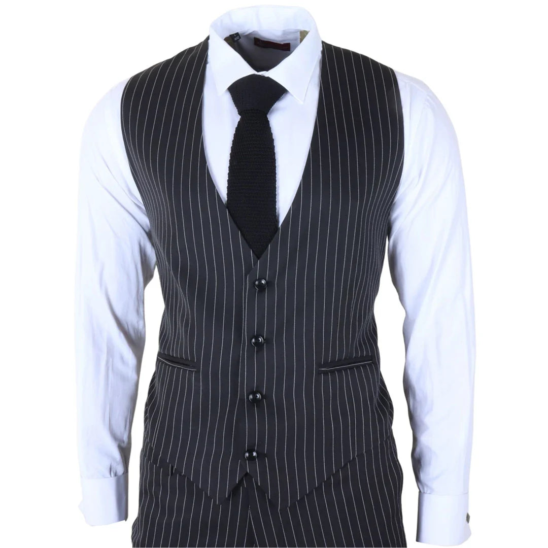 IM45 - Costum bărbătesc negru, cu dungi subțiri, 3 piese, stil Mafia
