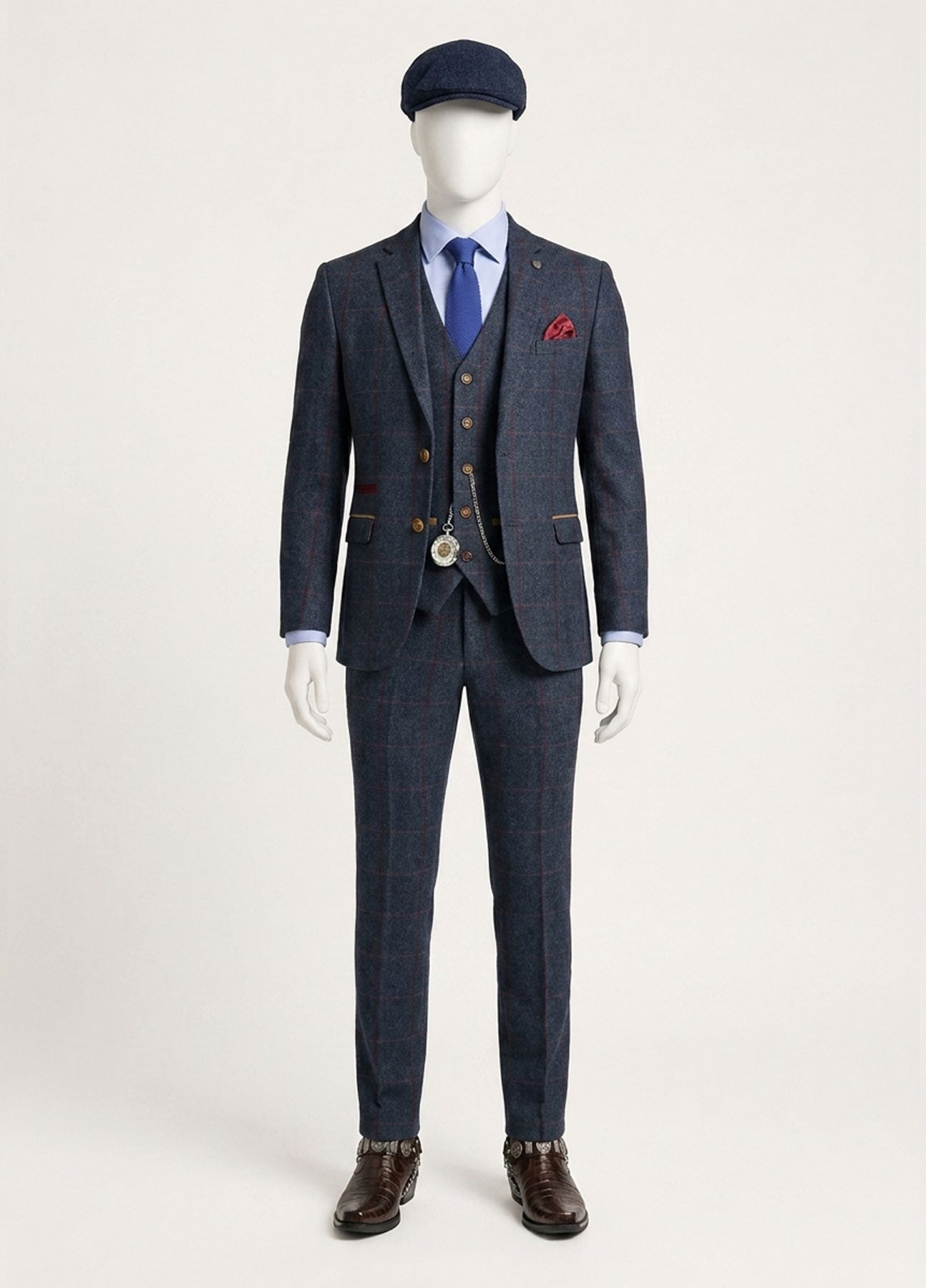 Costum bărbătesc din tweed cu model herringbone, 3 piese, bleumarin, în carouri roșii, stil vintage, anii 1920, croială croită