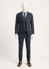 Costum bărbătesc din tweed cu model herringbone, 3 piese, bleumarin, în carouri roșii, stil vintage, anii 1920, croială croită