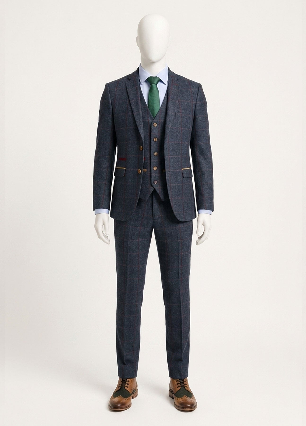 Costum bărbătesc din tweed cu model herringbone, 3 piese, bleumarin, în carouri roșii, stil vintage, anii 1920, croială croită