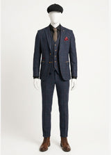 Costum bărbătesc din tweed cu model herringbone, 3 piese, bleumarin, în carouri roșii, stil vintage, anii 1920, croială croită