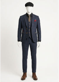 Costum bărbătesc din tweed cu model herringbone, 3 piese, bleumarin, în carouri roșii, stil vintage, anii 1920, croială croită