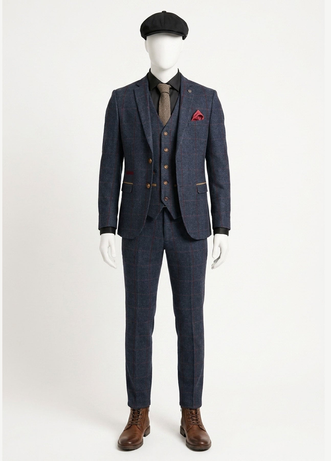 Costum bărbătesc din tweed cu model herringbone, 3 piese, bleumarin, în carouri roșii, stil vintage, anii 1920, croială croită
