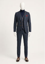 Costum bărbătesc din tweed cu model herringbone, 3 piese, bleumarin, în carouri roșii, stil vintage, anii 1920, croială croită