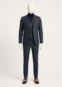 Costum bărbătesc din tweed cu model herringbone, 3 piese, bleumarin, în carouri roșii, stil vintage, anii 1920, croială croită