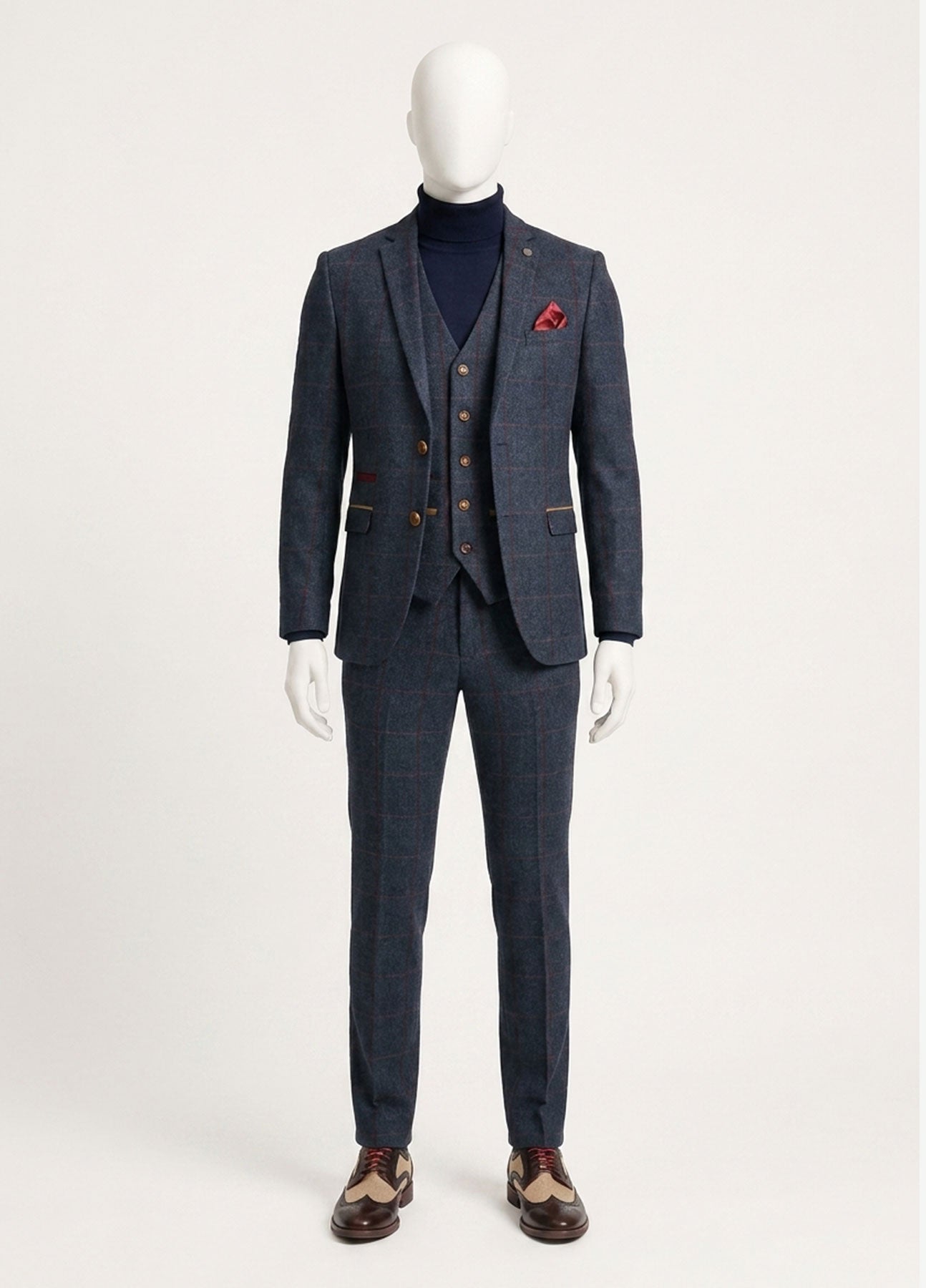 Costum bărbătesc din tweed cu model herringbone, 3 piese, bleumarin, în carouri roșii, stil vintage, anii 1920, croială croită
