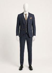 Costum bărbătesc din tweed cu model herringbone, 3 piese, bleumarin, în carouri roșii, stil vintage, anii 1920, croială croită