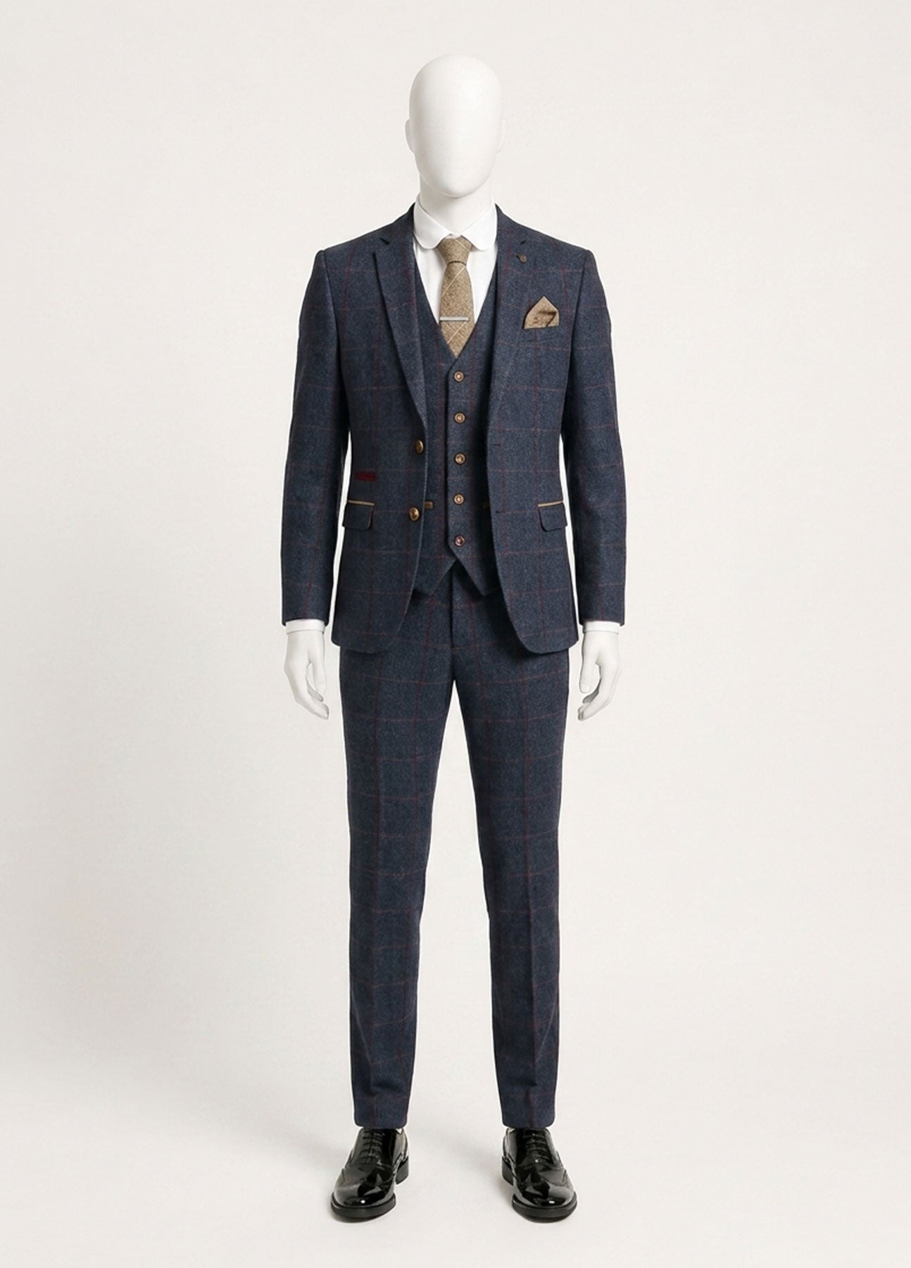 Costum bărbătesc din tweed cu model herringbone, 3 piese, bleumarin, în carouri roșii, stil vintage, anii 1920, croială croită