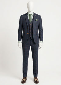 Costum bărbătesc din tweed cu model herringbone, 3 piese, bleumarin, în carouri roșii, stil vintage, anii 1920, croială croită