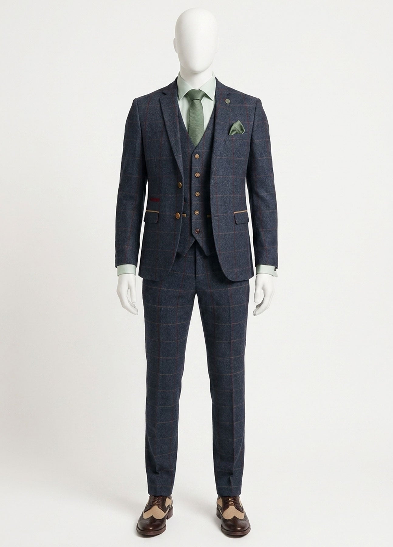 Costum bărbătesc din tweed cu model herringbone, 3 piese, bleumarin, în carouri roșii, stil vintage, anii 1920, croială croită