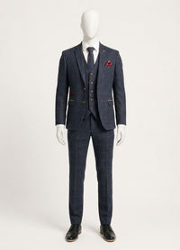 Costum bărbătesc din tweed cu model herringbone, 3 piese, bleumarin, în carouri roșii, stil vintage, anii 1920, croială croită