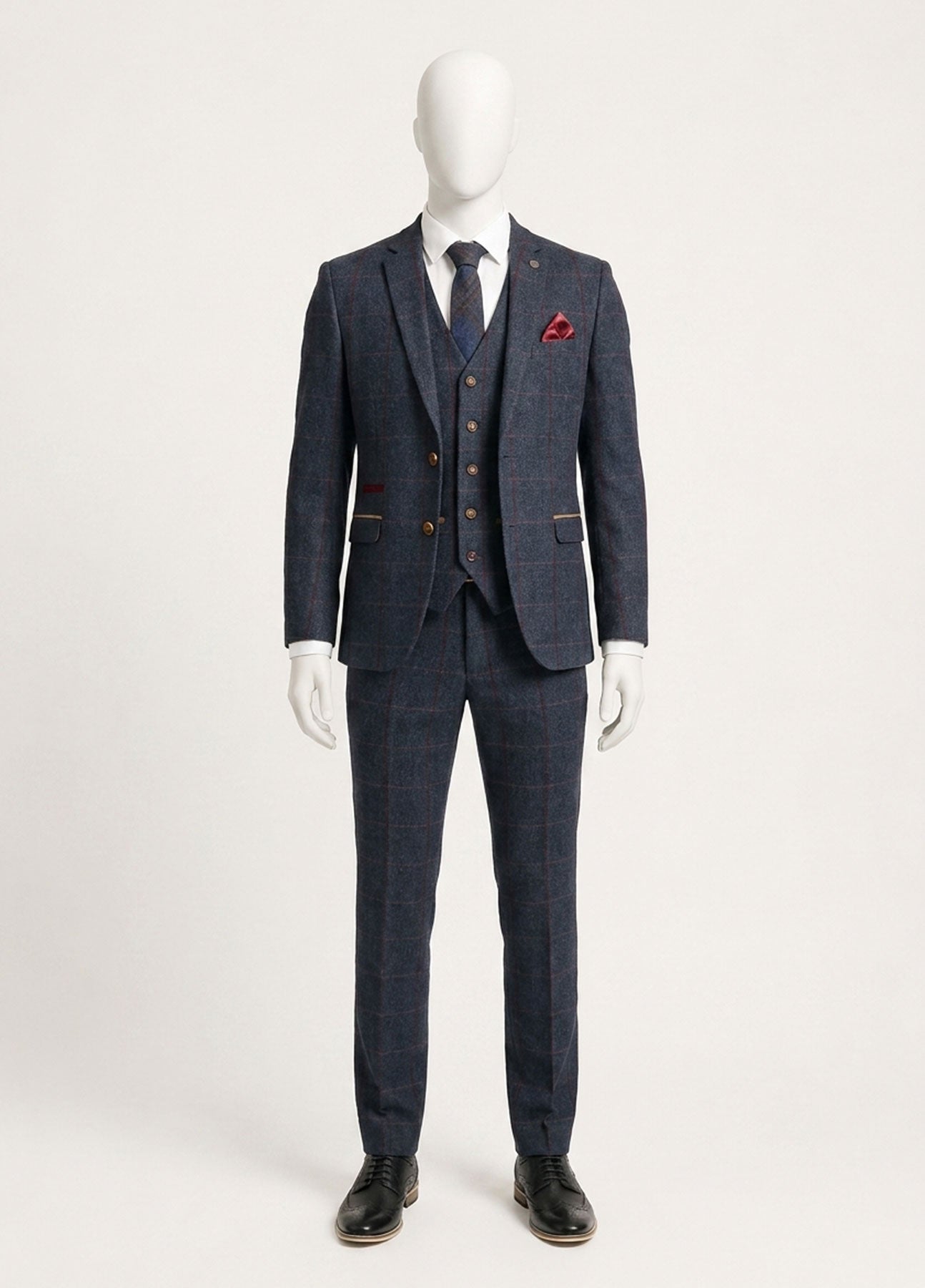 Costum bărbătesc din tweed cu model herringbone, 3 piese, bleumarin, în carouri roșii, stil vintage, anii 1920, croială croită