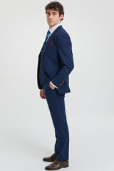 Costum bărbătesc bleumarin din 3 piese, cu finisaje maro, clasic, model Birdseye, stil vintage, pentru miri