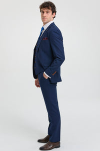 Costum bărbătesc bleumarin din 3 piese, cu finisaje maro, clasic, model Birdseye, stil vintage, pentru miri