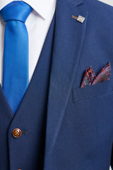 Costum bărbătesc bleumarin din 3 piese, cu finisaje maro, clasic, model Birdseye, stil vintage, pentru miri