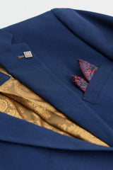 Costum bărbătesc bleumarin din 3 piese, cu finisaje maro, clasic, model Birdseye, stil vintage, pentru miri