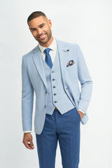 Costum de mireasă bărbătesc de vară, albastru deschis, din in, cu pantaloni bleumarin
