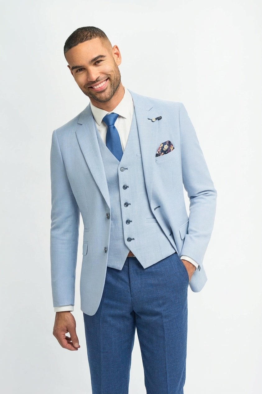 Costum de mireasă bărbătesc de vară, albastru deschis, din in, cu pantaloni bleumarin