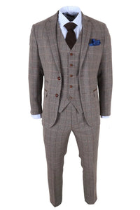 Harris - Costum bărbătesc maro din 3 piese, model herringbone, tweed, în carouri