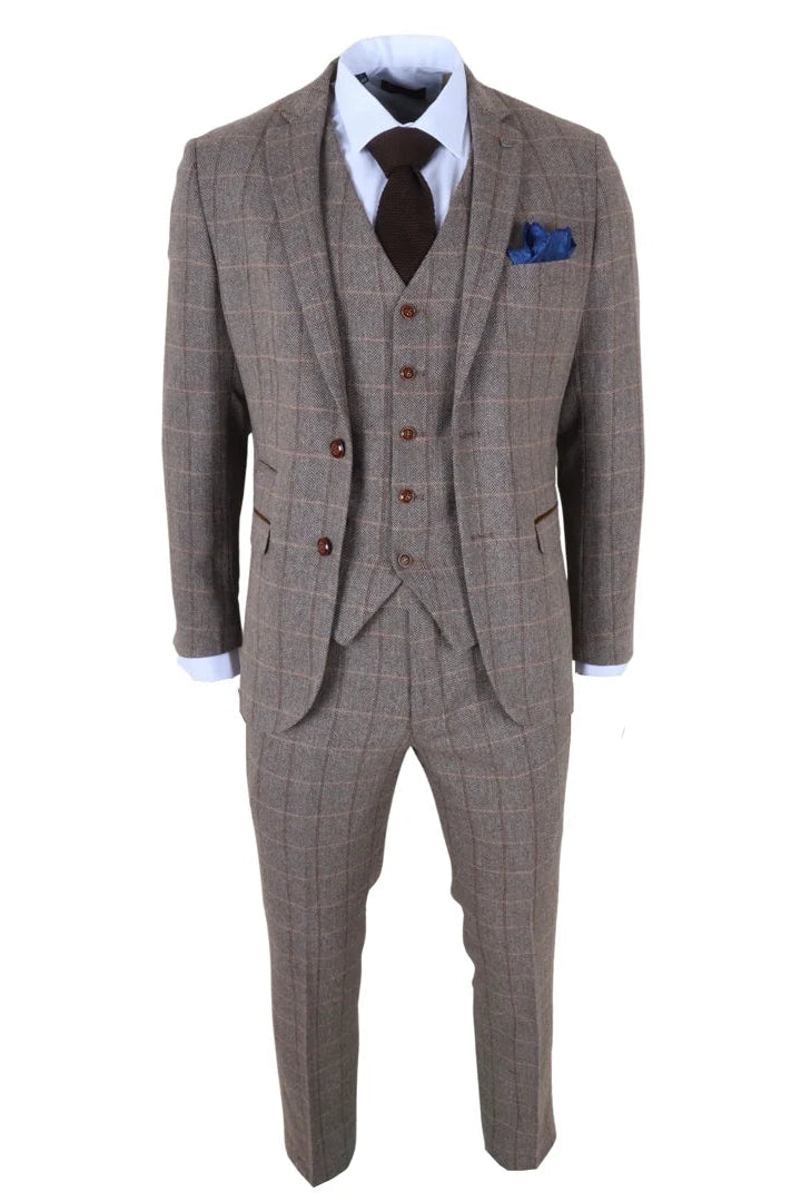 Harris - Costum bărbătesc maro din 3 piese, model herringbone, tweed, în carouri