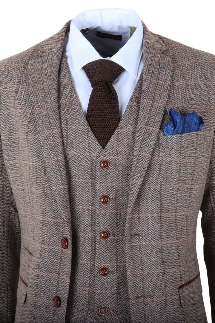 Harris - Costum bărbătesc maro din 3 piese, model herringbone, tweed, în carouri