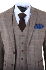Harris - Costum bărbătesc maro din 3 piese, model herringbone, tweed, în carouri