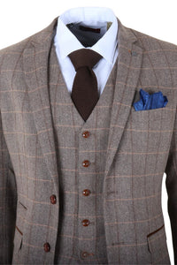 Harris - Costum bărbătesc maro din 3 piese, model herringbone, tweed, în carouri