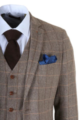 Harris - Costum bărbătesc maro din 3 piese, model herringbone, tweed, în carouri