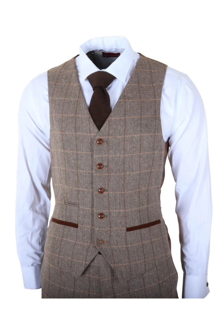 Harris - Costum bărbătesc maro din 3 piese, model herringbone, tweed, în carouri