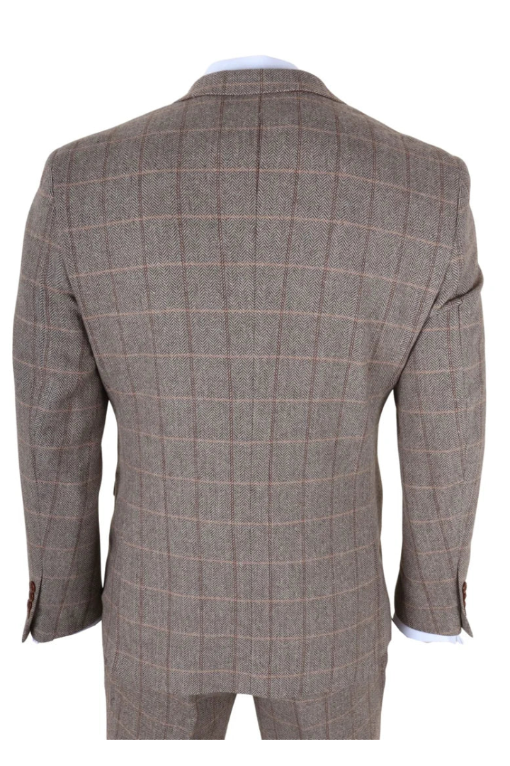 Harris - Costum bărbătesc maro din 3 piese, model herringbone, tweed, în carouri