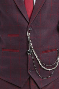 Costum bărbătesc din 3 piese, lână, tweed, culoare prună, vin, carouri, stil Gatsby, anii 1920