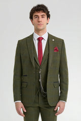 Costum bărbătesc din 3 piese, lână, tweed, verde, albastru, maro, carouri, anii 1920, model Gatsby
