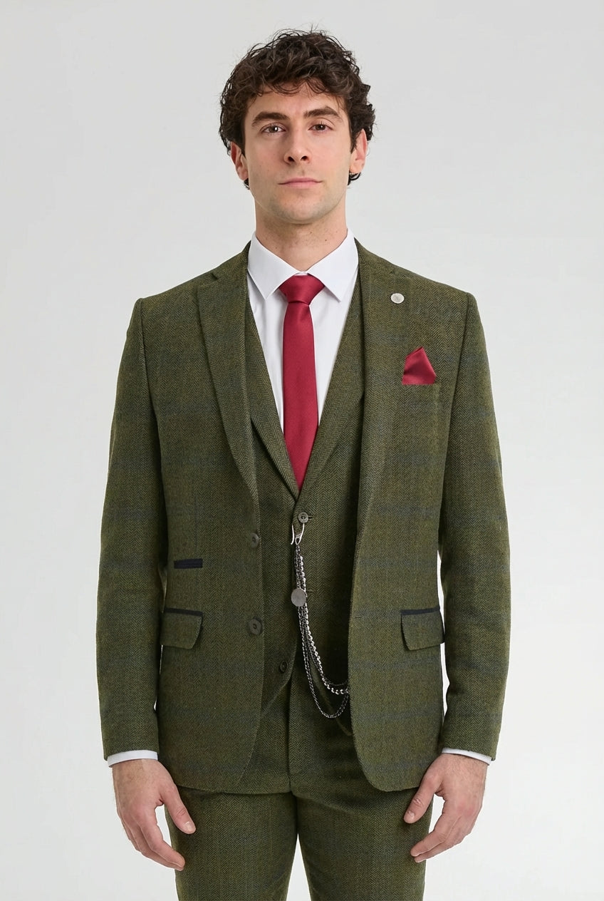 Costum bărbătesc din 3 piese, lână, tweed, verde, albastru, maro, carouri, anii 1920, model Gatsby