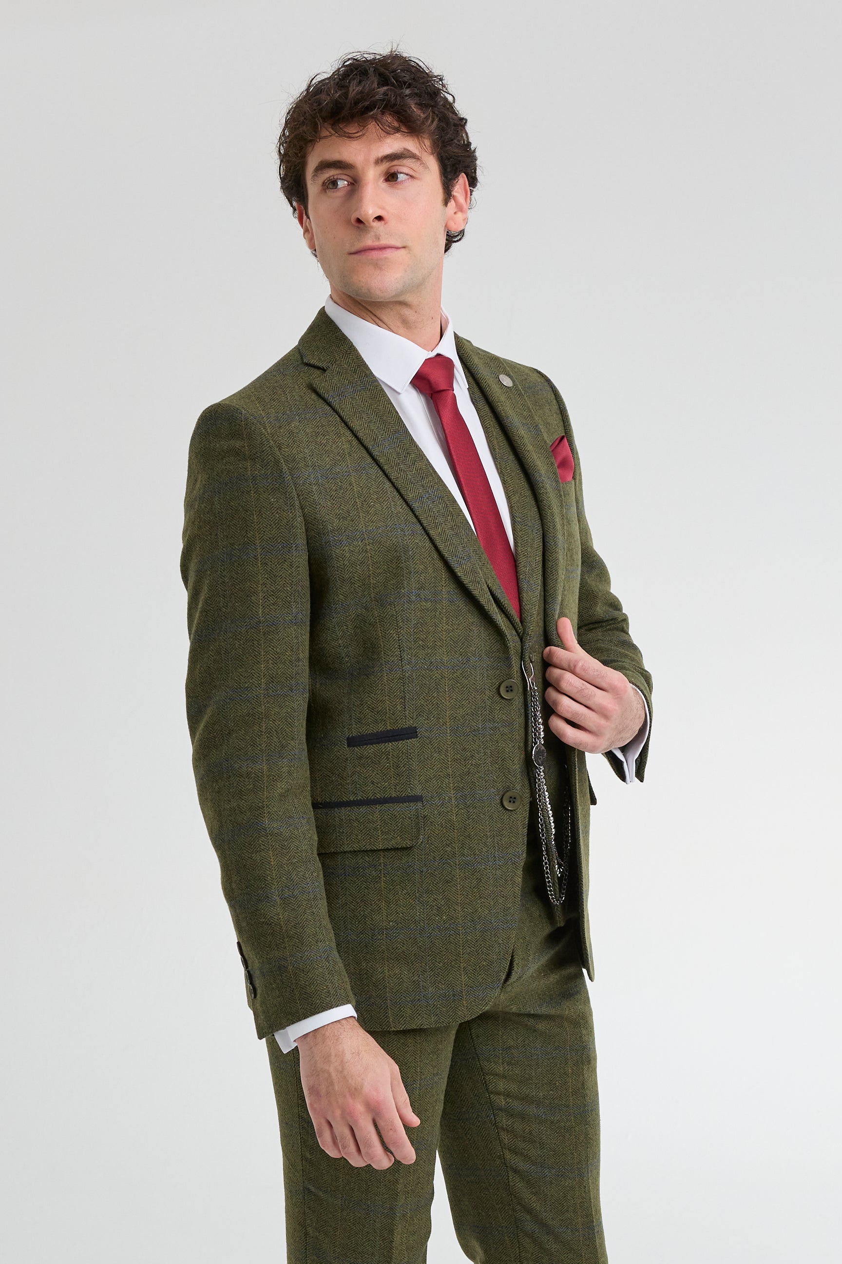 Costum bărbătesc din 3 piese, lână, tweed, verde, albastru, maro, carouri, anii 1920, model Gatsby