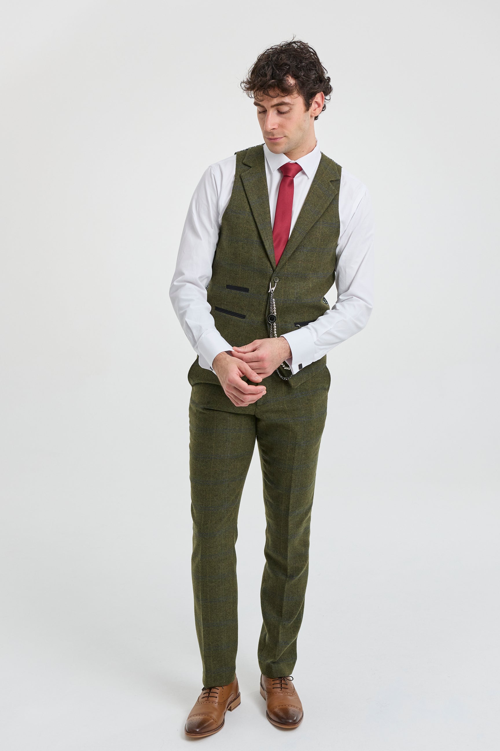 Costum bărbătesc din 3 piese, lână, tweed, verde, albastru, maro, carouri, anii 1920, model Gatsby