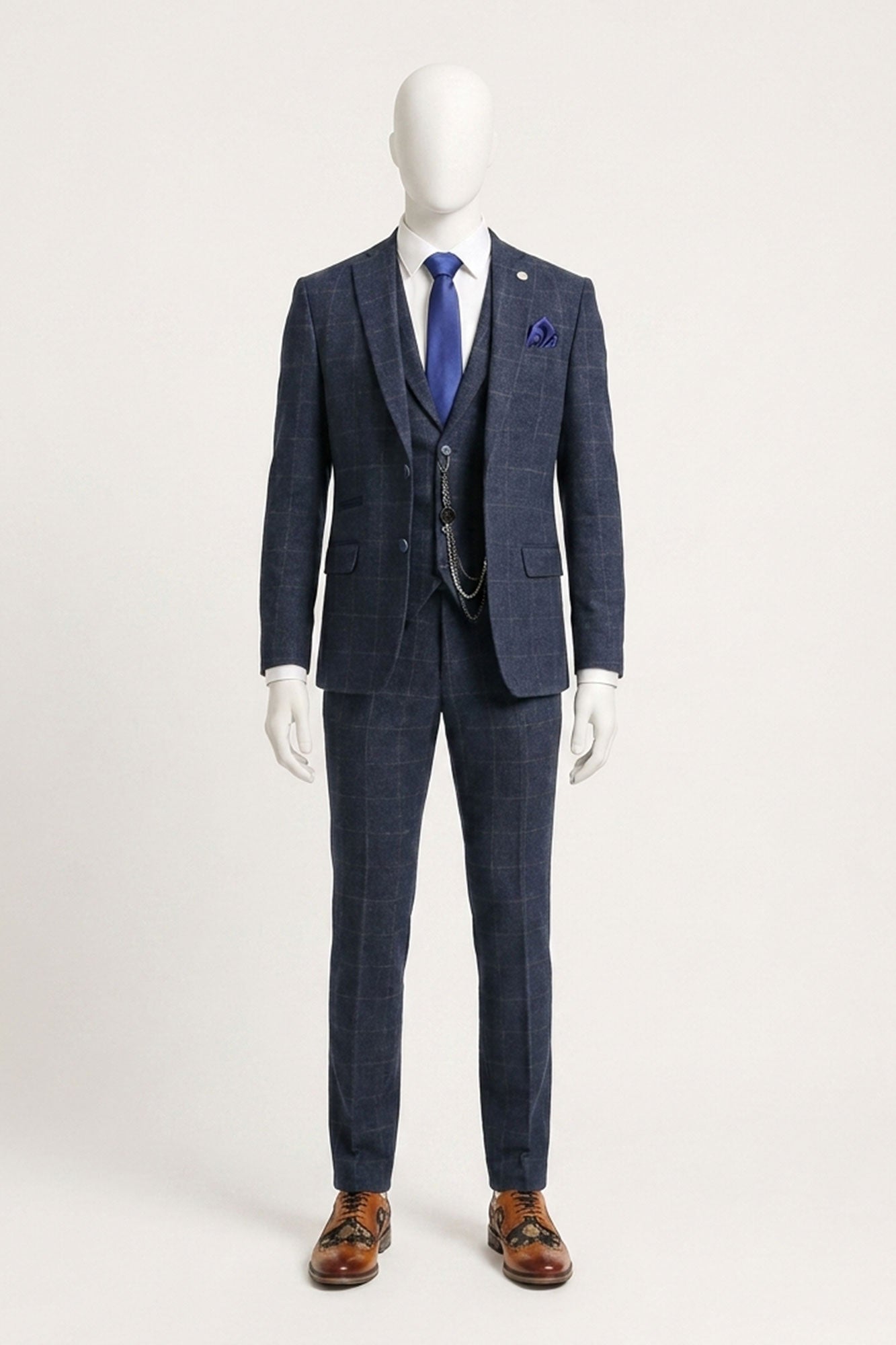 Costum bărbătesc din 3 piese, lână, tweed, bleumarin, maro, în carouri, stil Gatsby, anii 1920
