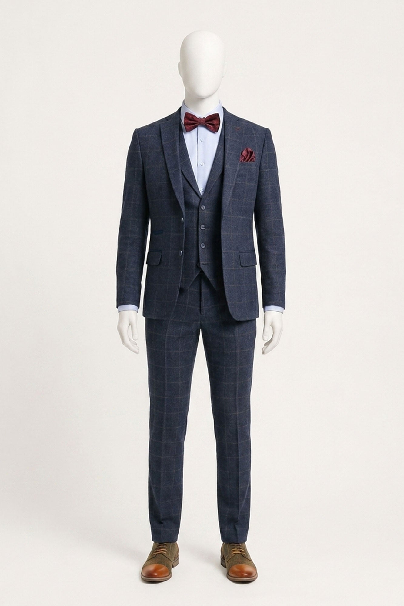 Costum bărbătesc din 3 piese, lână, tweed, bleumarin, maro, în carouri, stil Gatsby, anii 1920