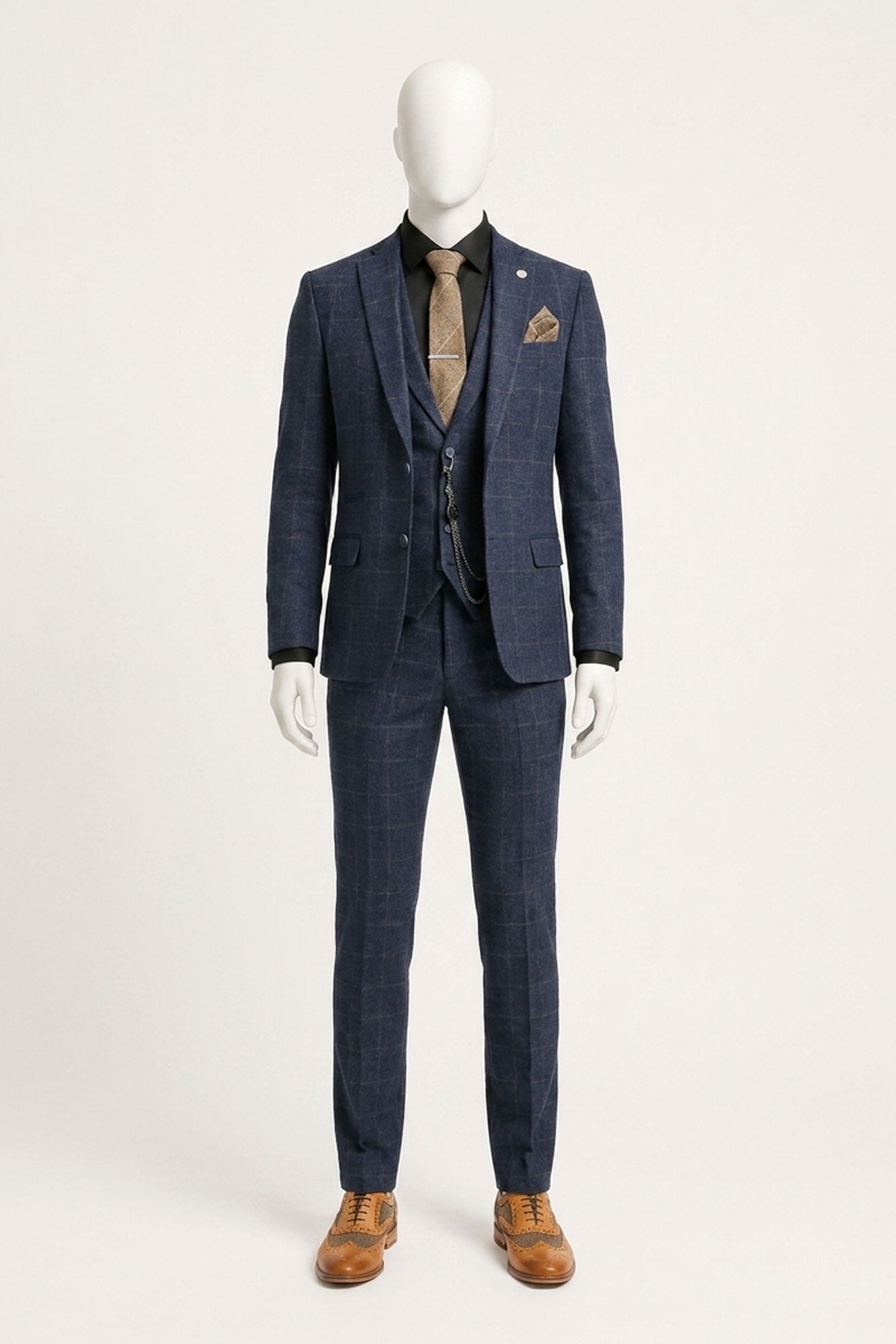 Costum bărbătesc din 3 piese, lână, tweed, bleumarin, maro, în carouri, stil Gatsby, anii 1920