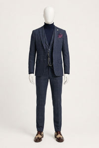 Costum bărbătesc din 3 piese, lână, tweed, bleumarin, maro, în carouri, stil Gatsby, anii 1920